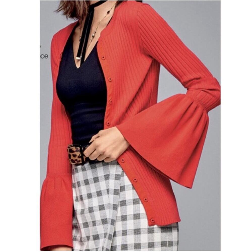 Cabi bright orange trumpet sleeve ribbed snap front cardigan size Small #5285